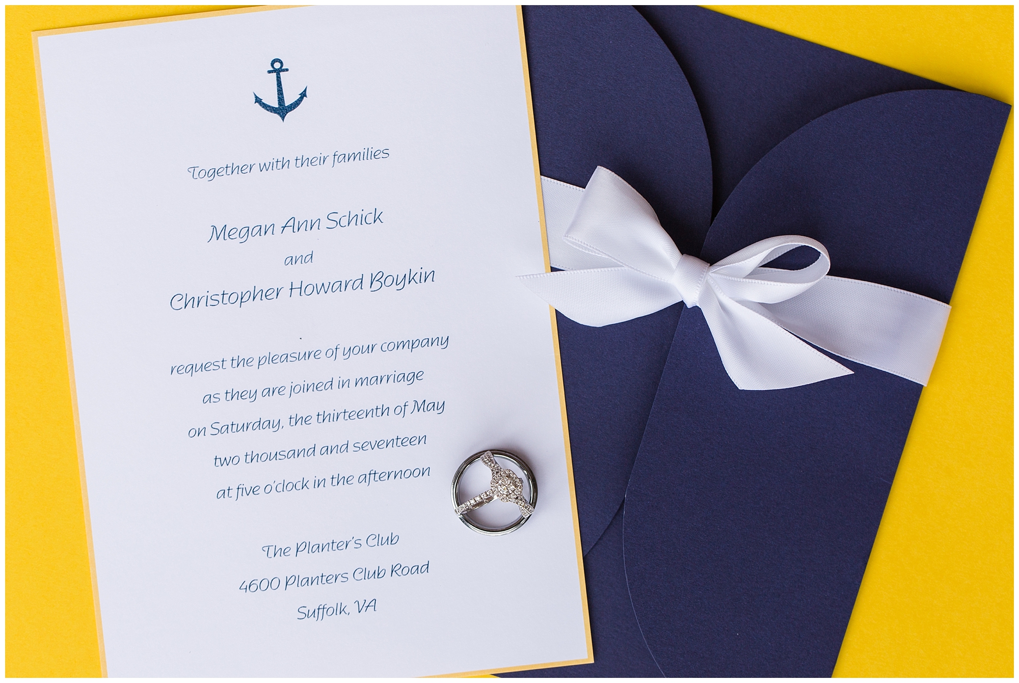 navy and yellow wedding invitation