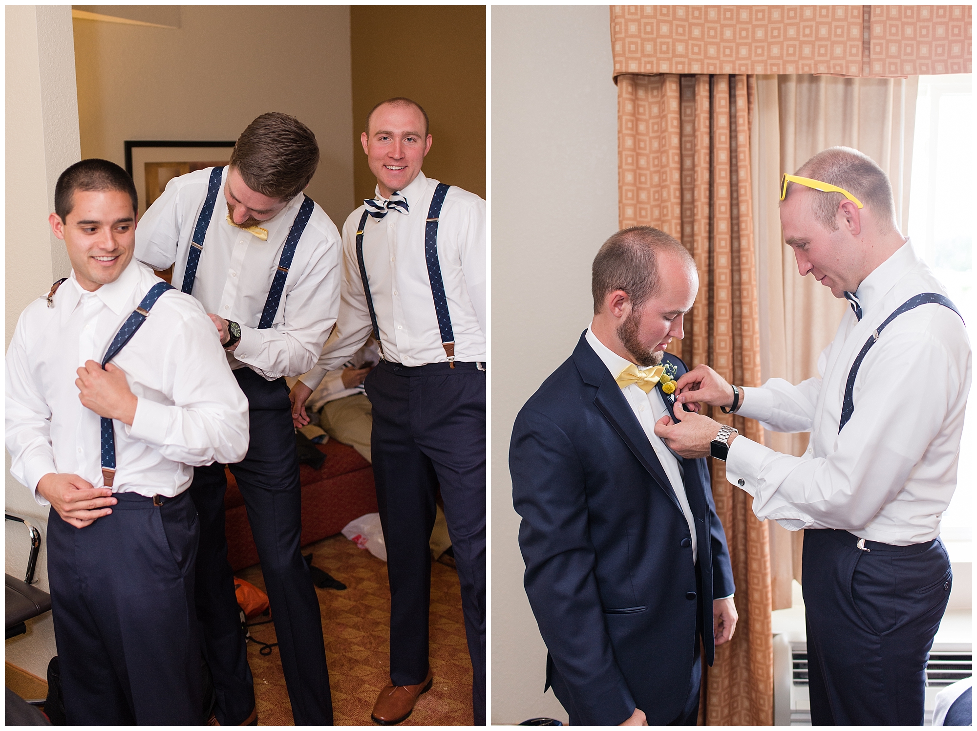 groom helping groomsmen get ready