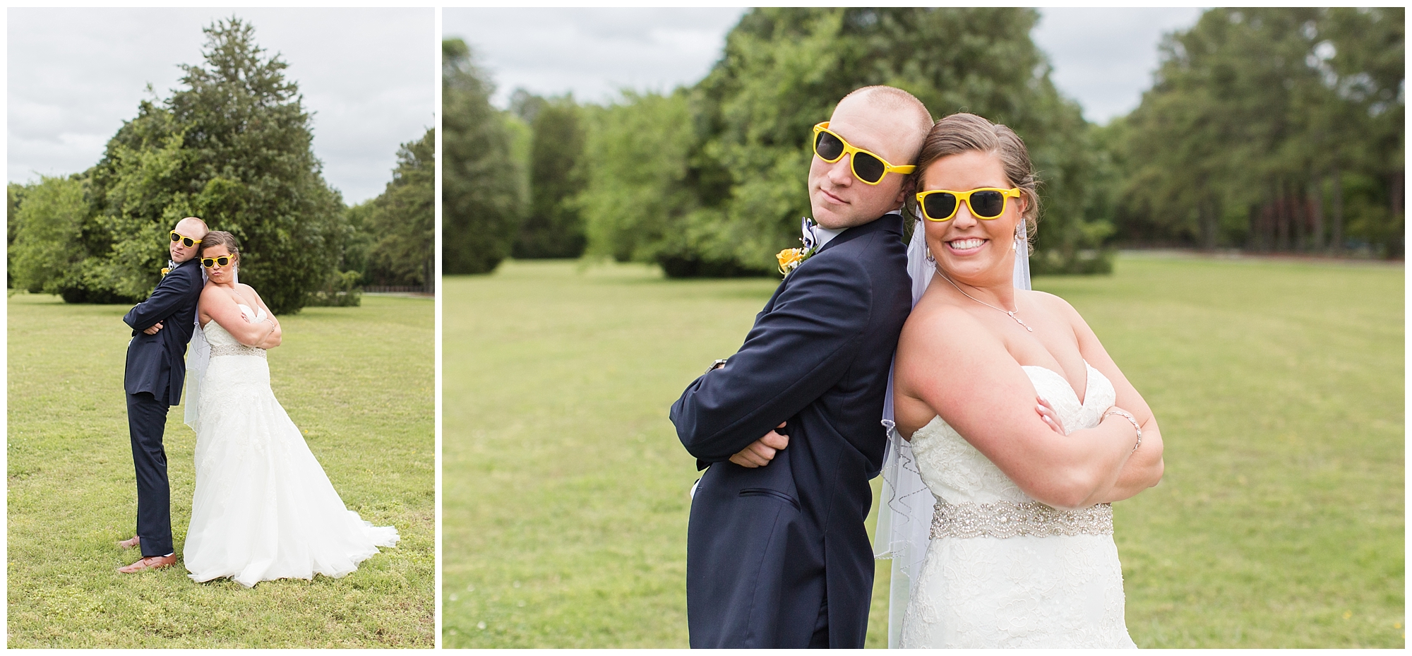 bride and groom wearing yellow sunglasses