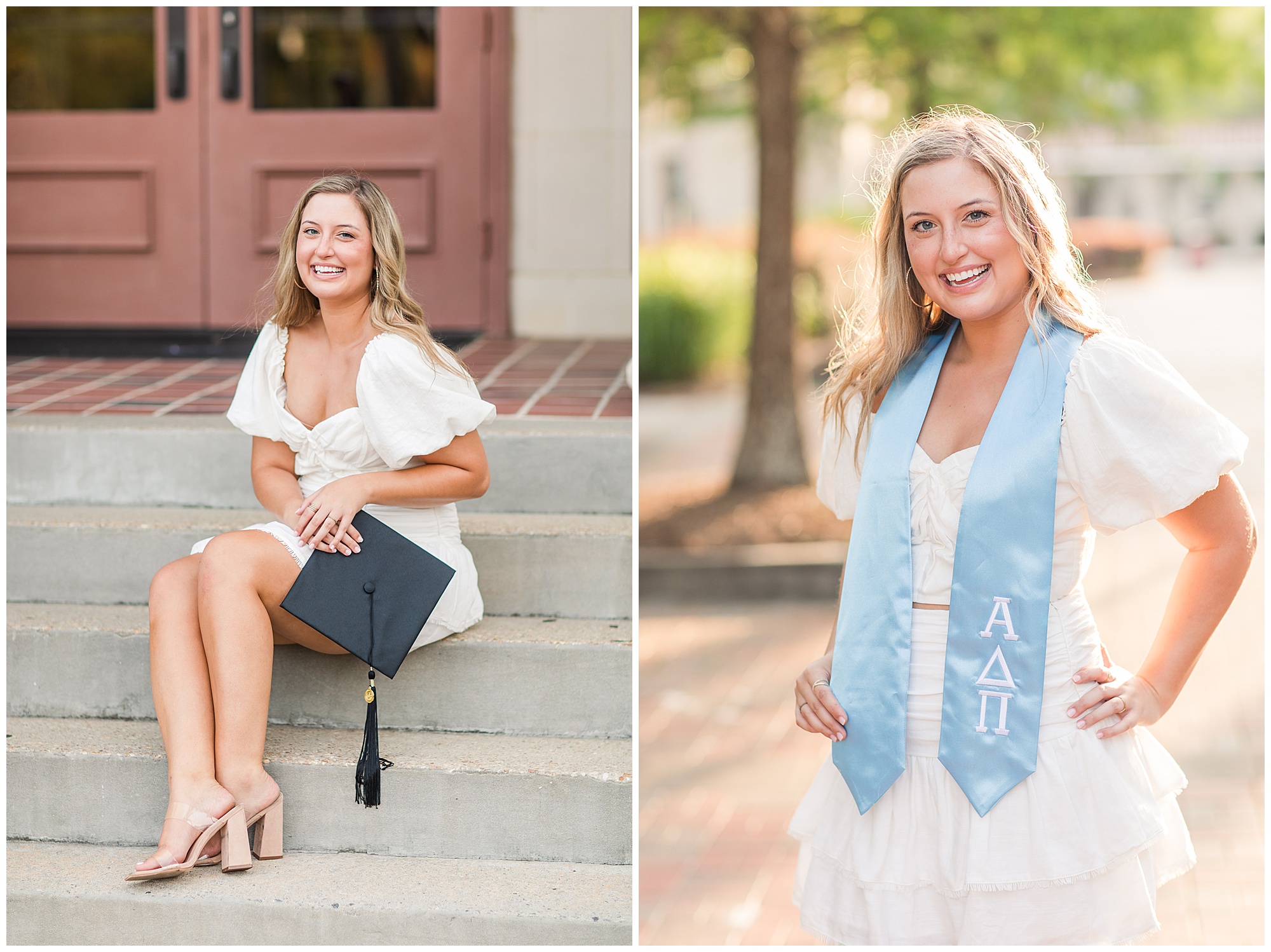 Bailey, Graduation Photos, Valdosta State University, Kelley Stinson Photography, sorority sash, graduation cap, white graduation dress