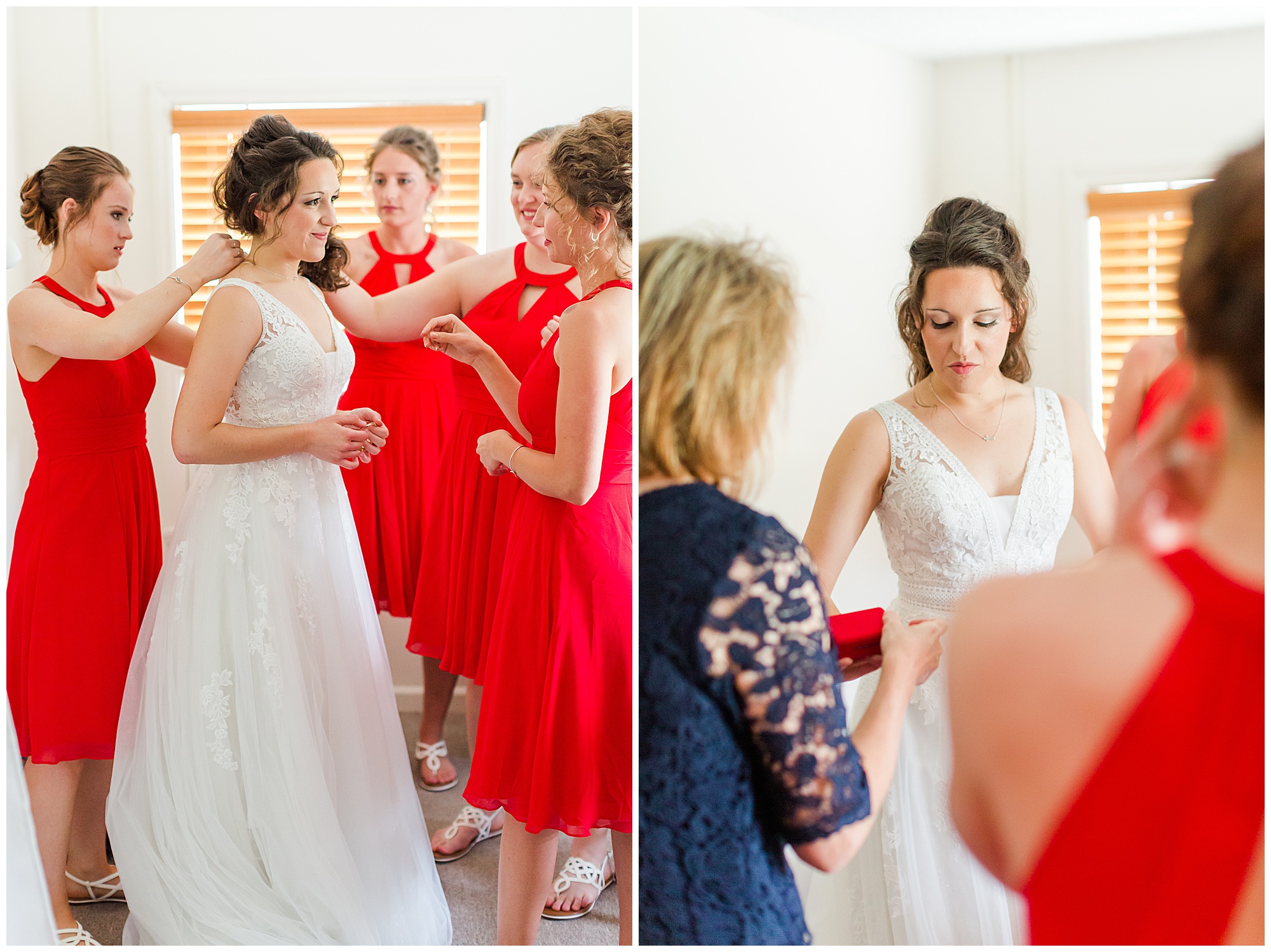 bride getting ready, red bridesmaid dresses